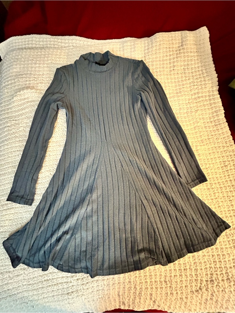 SHEIN Blue Ribbed Long Sleeve Fit-and-Flare Dress